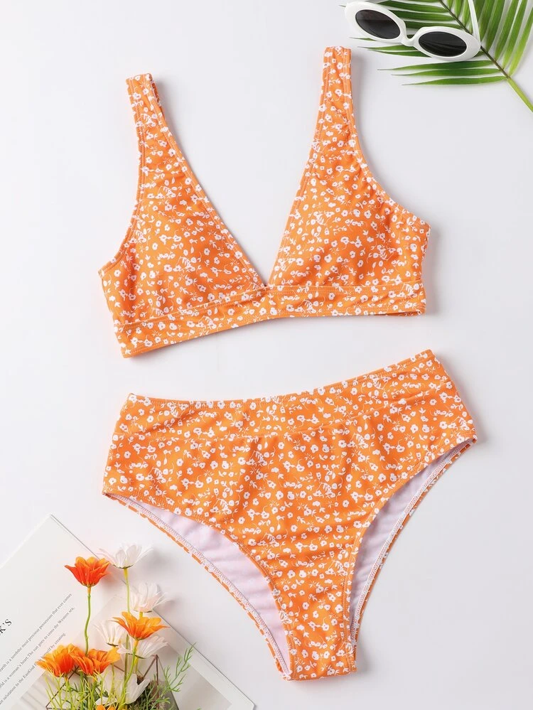 Summer Beach Ditsy Floral Print Wireless Top & High Waist Bottom 2 Pieces Bikini Bathing Suit