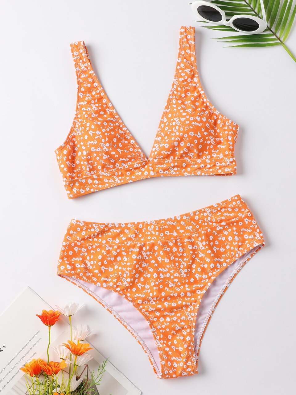 Summer Beach Ditsy Floral Print Wireless Top & High Waist Bottom 2 Pieces Bikini Bathing Suit
