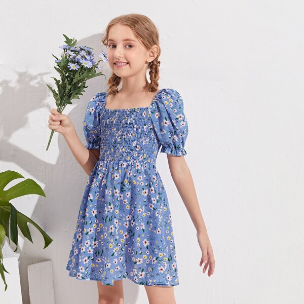 

Girls Puff Sleeve Shirred Floral Milkmaid Dress, Blue