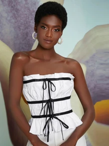 Penelope Ping Áo nữ Viên lá sen Khối Màu Gợi cảm - trắng - Xem 4