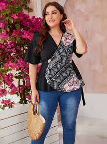 大碼佩斯利圖案自繫帶圍裹襯衫 - 黑色 - 查看 1