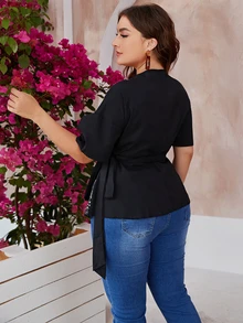 大碼佩斯利圖案自繫帶圍裹襯衫 - 黑色 - 查看 2