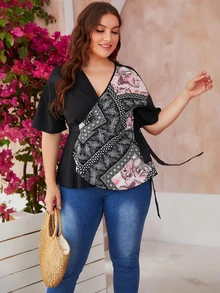 大碼佩斯利圖案自繫帶圍裹襯衫 - 黑色 - 查看 5