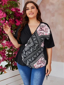 大碼佩斯利圖案自繫帶圍裹襯衫 - 黑色 - 查看 6