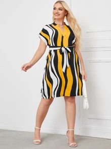 SHEIN Clasi Đầm Plus Size Thắt lưng Sọc Giải trí - Nhiều màu - Xem 3