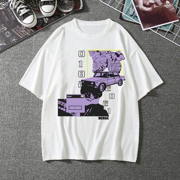 

Men Car & Number Print Tee, Beige