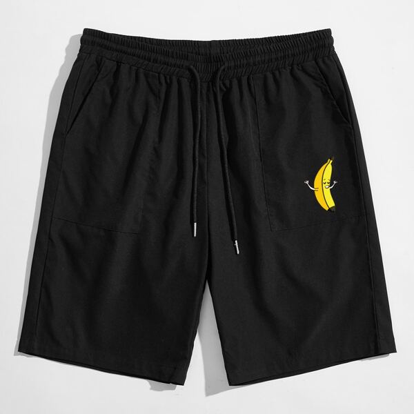 

Men Banana Print Drawstring Waist Shorts, Black