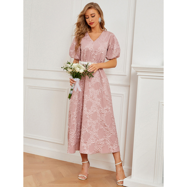 

Textured Belted Puff Sleeve Dress, Pink