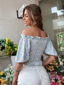 SHEIN Unity 小碎花燈籠袖打褶露肩襯衫