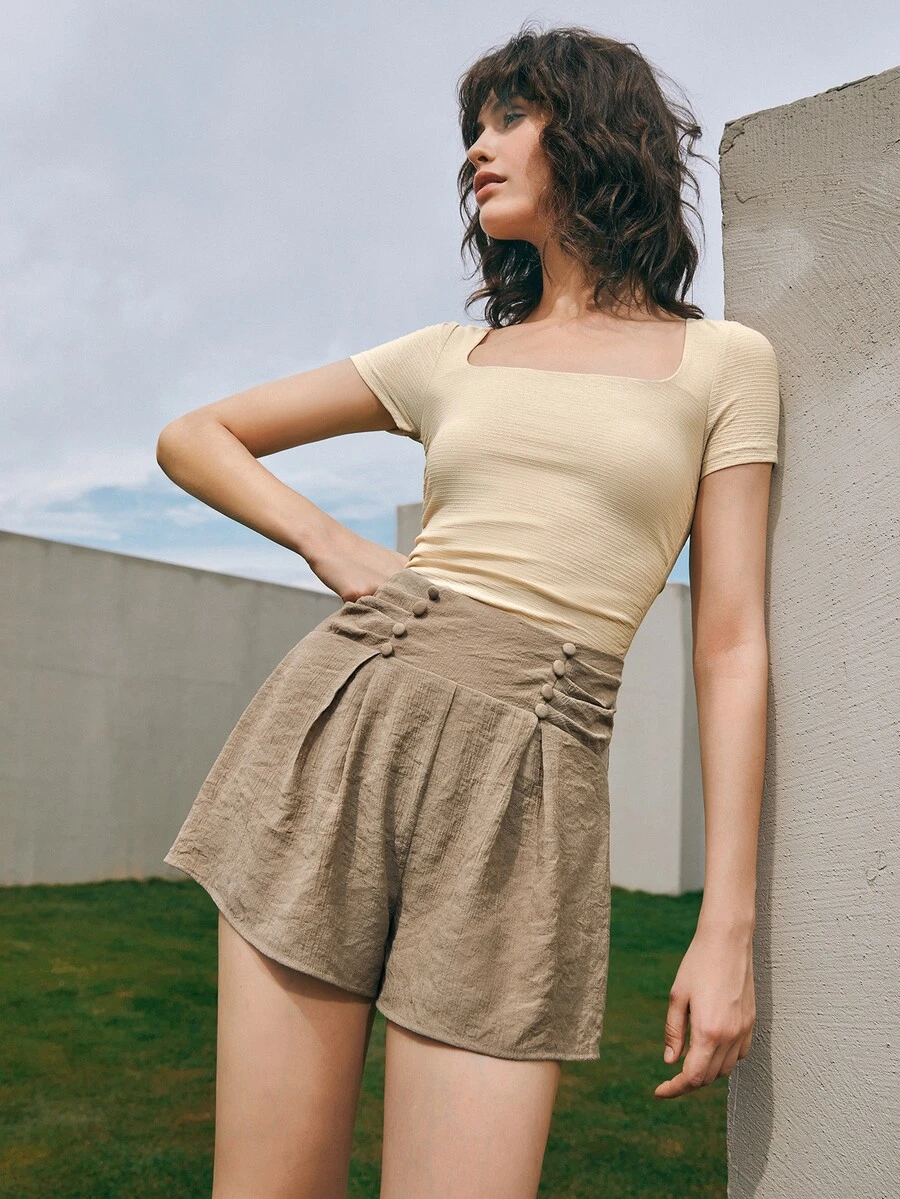 SHEIN Zip Side Wide Leg Shorts - Mocha Brown - View 1