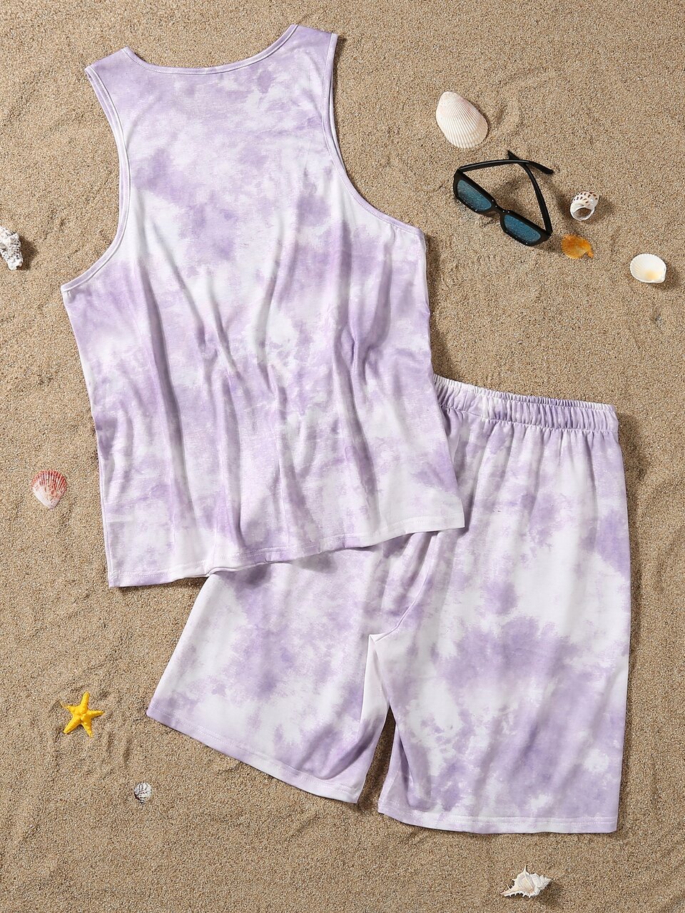 Men Tie Dye And Car Print Tank Top With Shorts