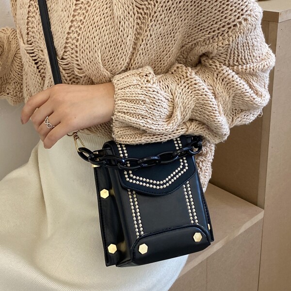 

Studded Decor Satchel Bag, Black