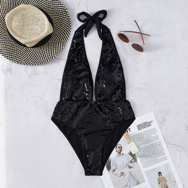 

Contrast Sequin Plunging One Piece Swimsuit, Black