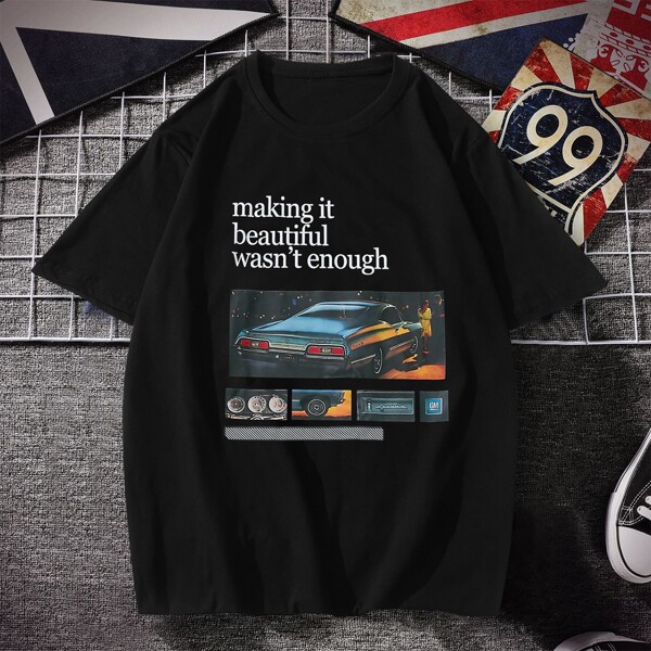 

Men Slogan & Car Print Tee, Black