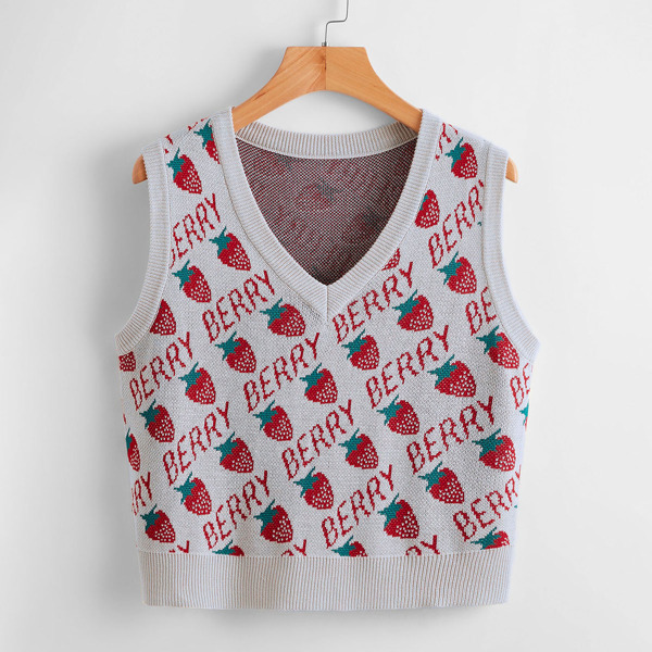 

Strawberry & Letter Pattern Sweater Vest, Multicolor