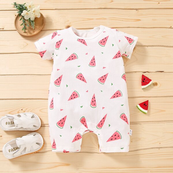 

Baby Girl Watermelon Print Tee Romper, White