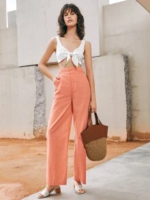 SHEIN Unity Tie Front Ruched Bust Crop Top - White - View 3