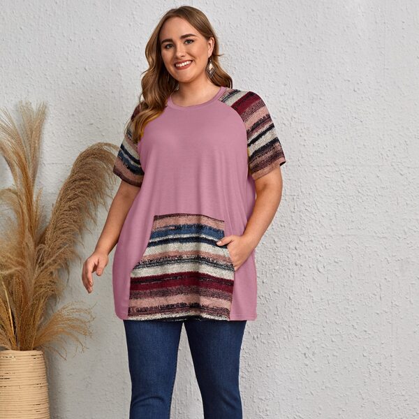 

Plus Striped Kangaroo Pocket Raglan Sleeve Tee, Dusty pink