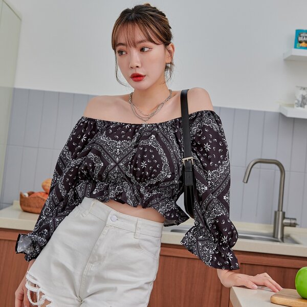 

Off-shoulder Scarf Print Peplum Blouse, Black