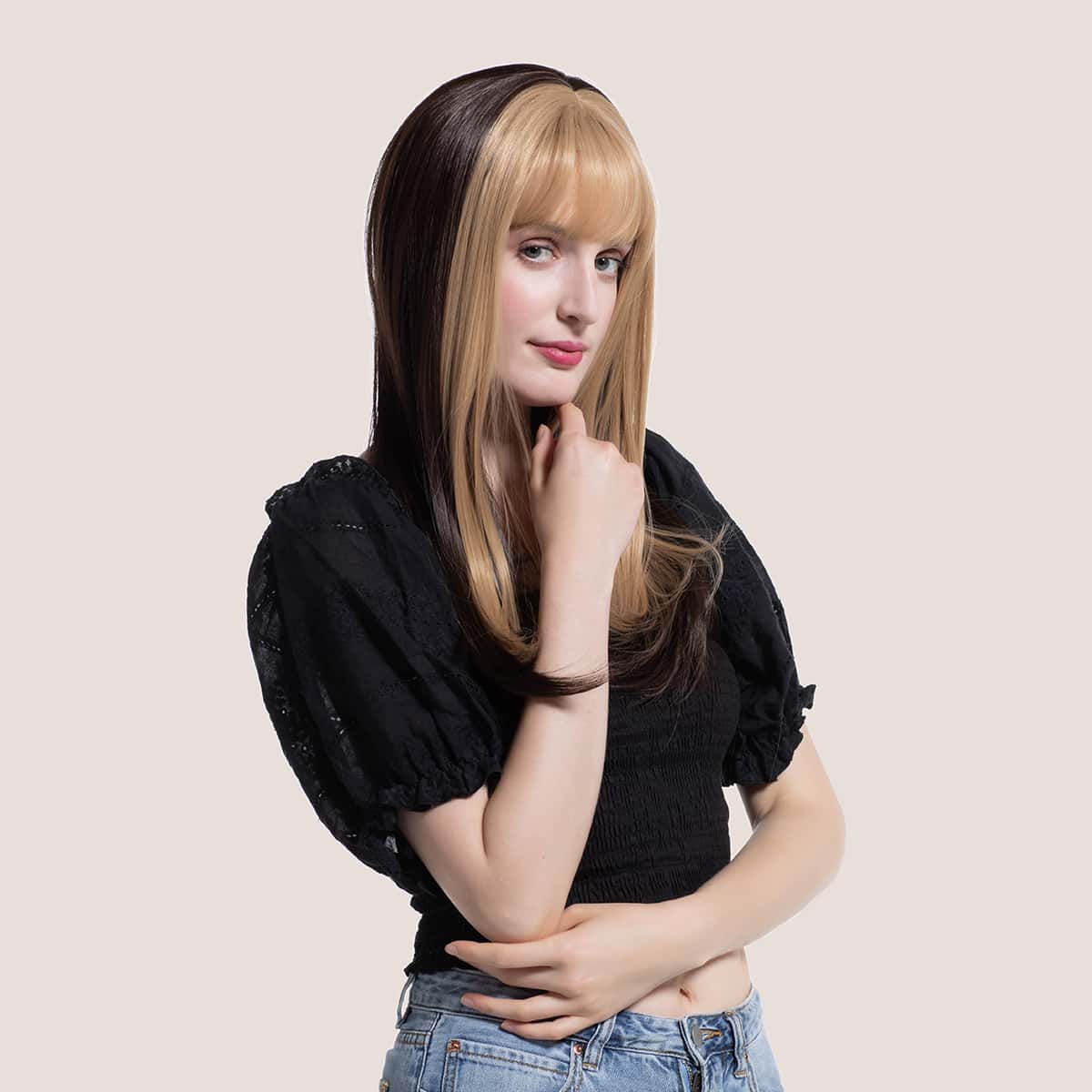 

Two Tone Long Straight Wig With Bangs, Multicolor