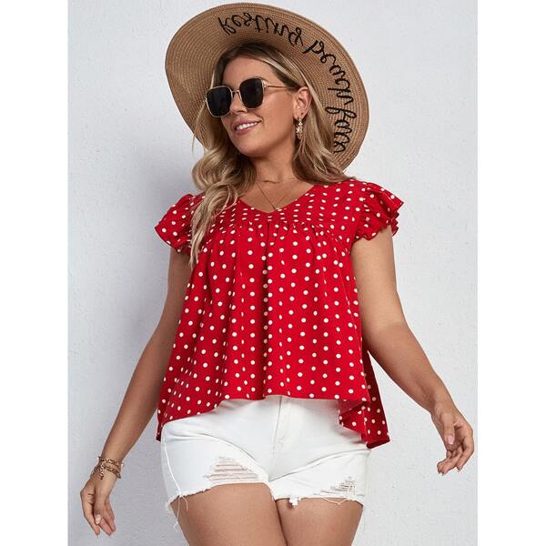 

Plus Polka Dot Ruffle V-Neck Blouse, Red