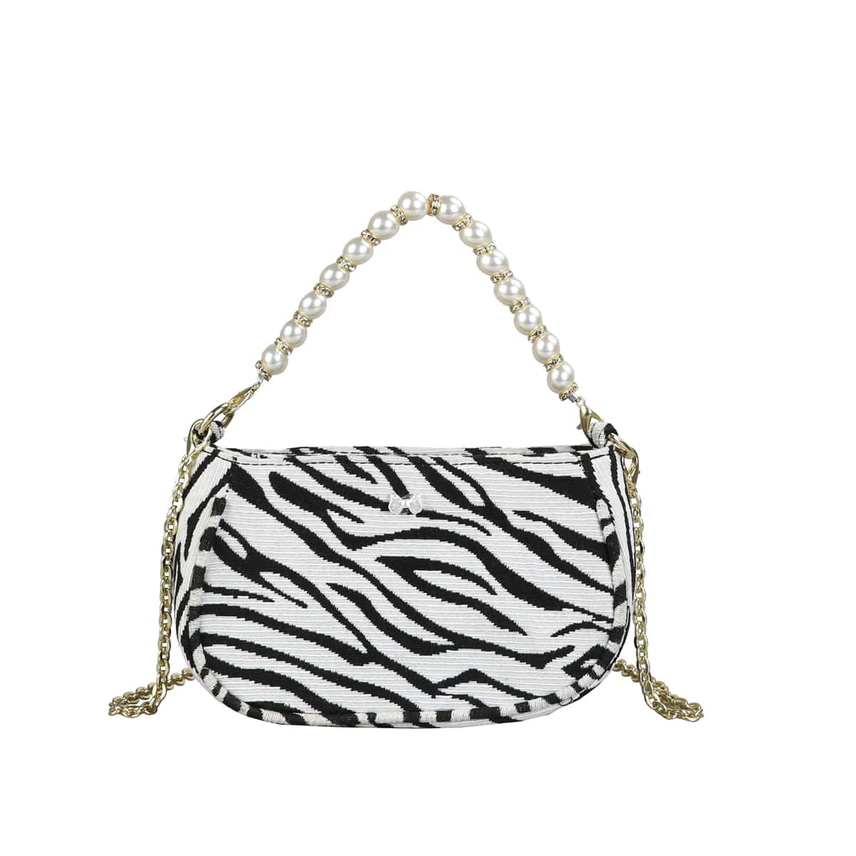 

Faux Pearl Beaded Satchel Bag, Black and white