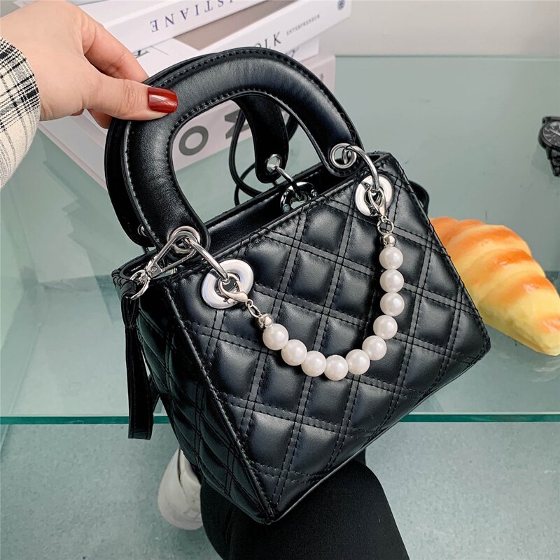 

Faux Pearl Beaded Satchel Bag, Black