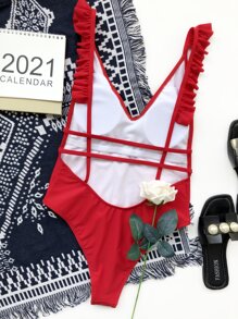 Ruffle Trim One Piece Swimsuit, For Summer Beach Vacation - Red - View 2