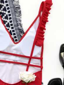 Ruffle Trim One Piece Swimsuit, For Summer Beach Vacation - Red - View 3