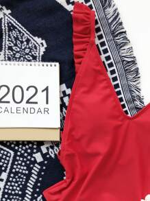 Ruffle Trim One Piece Swimsuit, For Summer Beach Vacation - Red - View 4