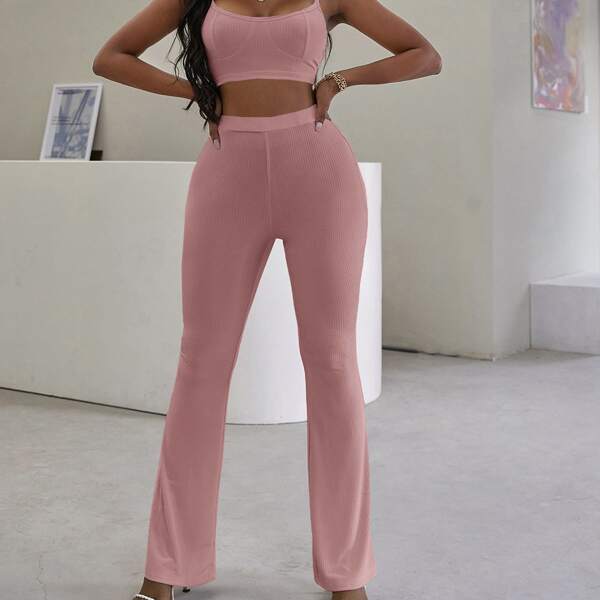 

Solid Rib-knit Cami Crop Top & Pants Set, Dusty pink