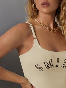 刺繡字母短版吊帶上衣 - 米色 - 查看 4