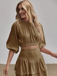 Top de espalda abierta de manga farol - Marrón Mocha - Ver 1