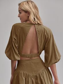 Top de espalda abierta de manga farol - Marrón Mocha - Ver 2