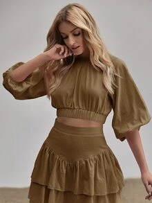 Top de espalda abierta de manga farol - Marrón Mocha - Ver 3