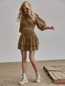 Top de espalda abierta de manga farol - Marrón Mocha - Ver 4