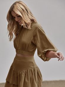 Top de espalda abierta de manga farol - Marrón Mocha - Ver 5