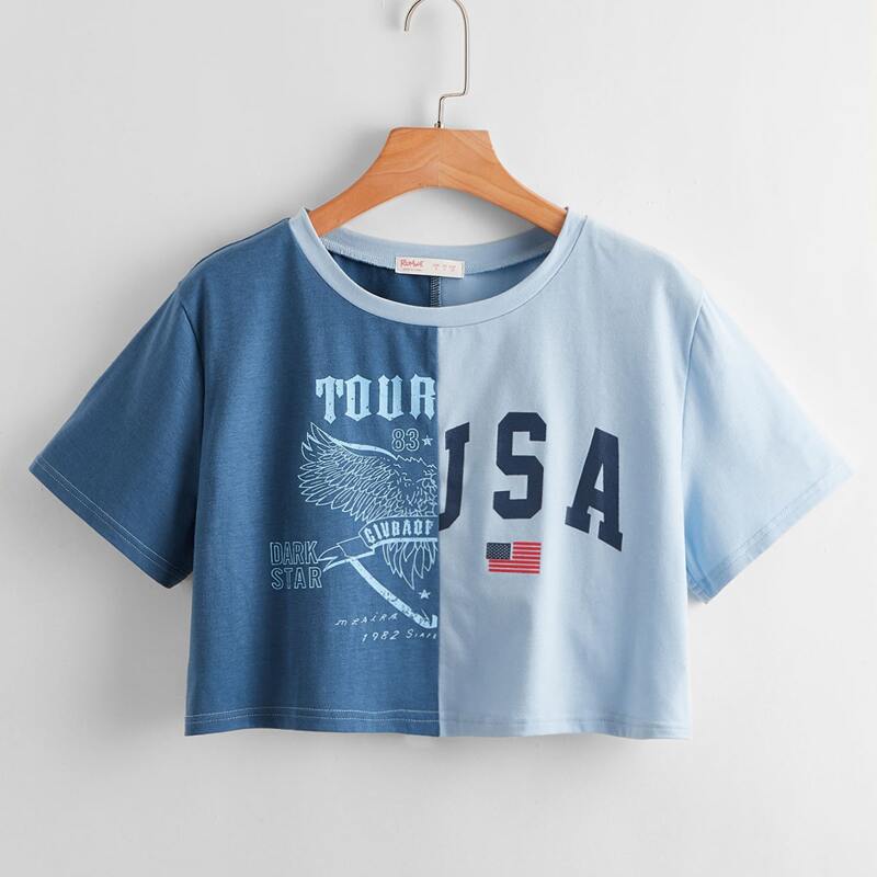 

Colorblock Letter Graphic Crop Boxy Tee, Multicolor