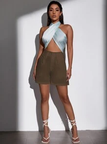 Foldover Waist Wide Leg Shorts - Mocha Brown - View 4