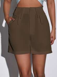 Foldover Waist Wide Leg Shorts - Mocha Brown - View 5