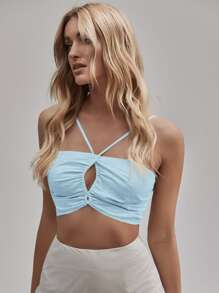 SHEIN Unity Áo hai dây Cắt ra Dây kéo màu trơn Giải trí - Màu xanh nhạt - Xem 1