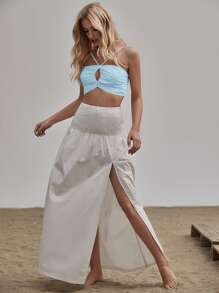 SHEIN Unity Áo hai dây Cắt ra Dây kéo màu trơn Giải trí - Màu xanh nhạt - Xem 4