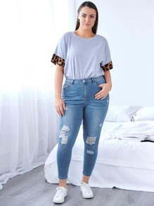 EMERY ROSE Plus Curvy High Waist Ripped Skinny Jeans Elegant Outfit - Light Wash - View 3