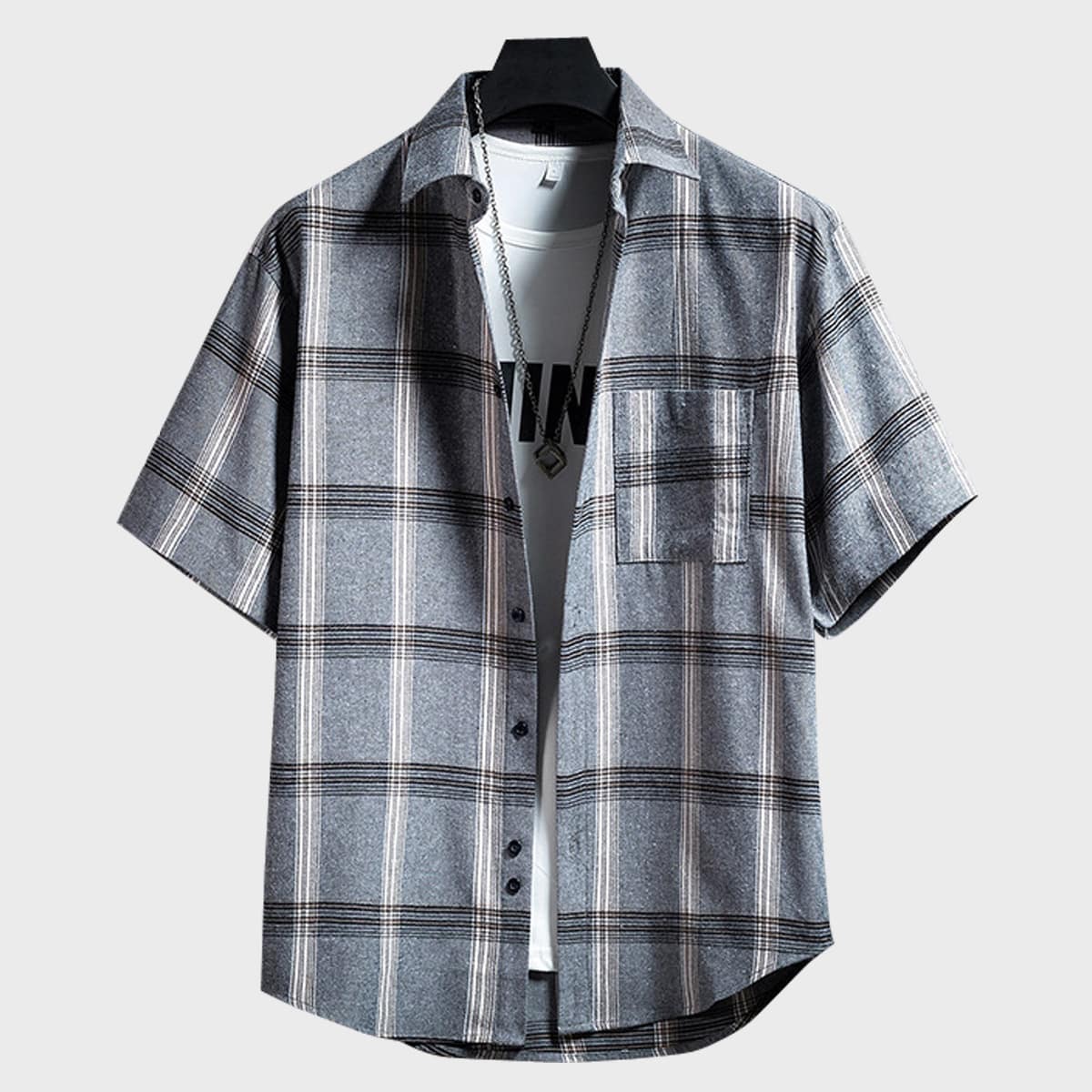 

Guys 1pc Plaid Pocket Patched Shirt, Grey