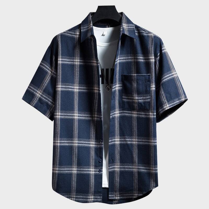 

Guys 1pc Plaid Pocket Patched Shirt, Navy blue