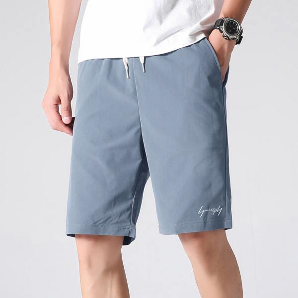 

Men Letter Graphic Drawstring Waist Bermuda Shorts, Dusty blue