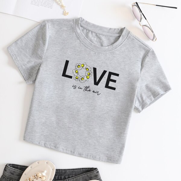 

Daisy Floral And Slogan Graphic Tee, Light grey