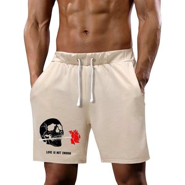 

Men Skull & Slogan Graphic Shorts, Khaki