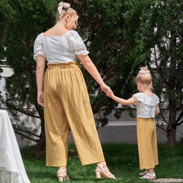 

Plus 1pc Paperbag Waist Knotted Wide Leg Pants, Yellow