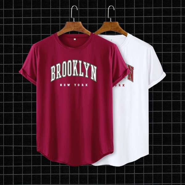 

Men 2pcs Letter Graphic Short Sleeve Tee, Red and white